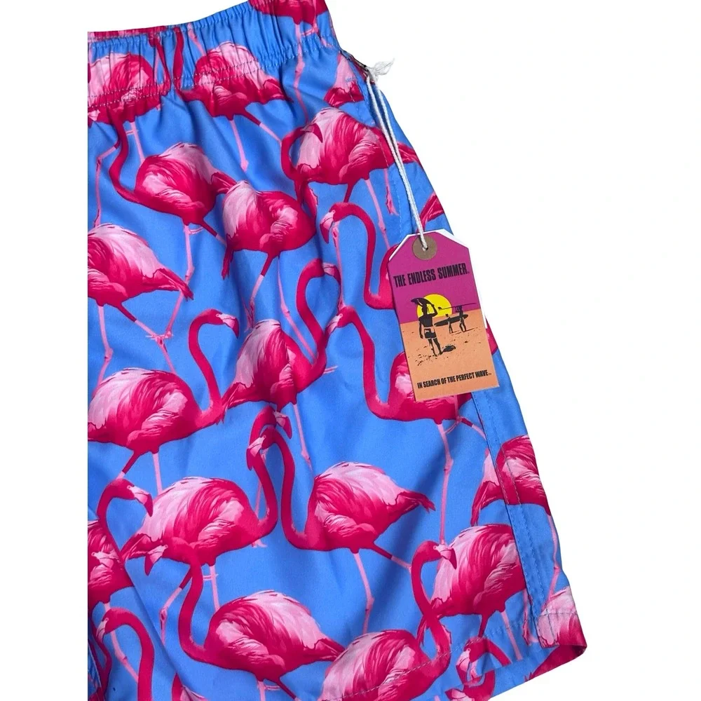 The Endless Summer Mens Large Flamingo Print Swim Trunks Blue‎ Pink Polyester